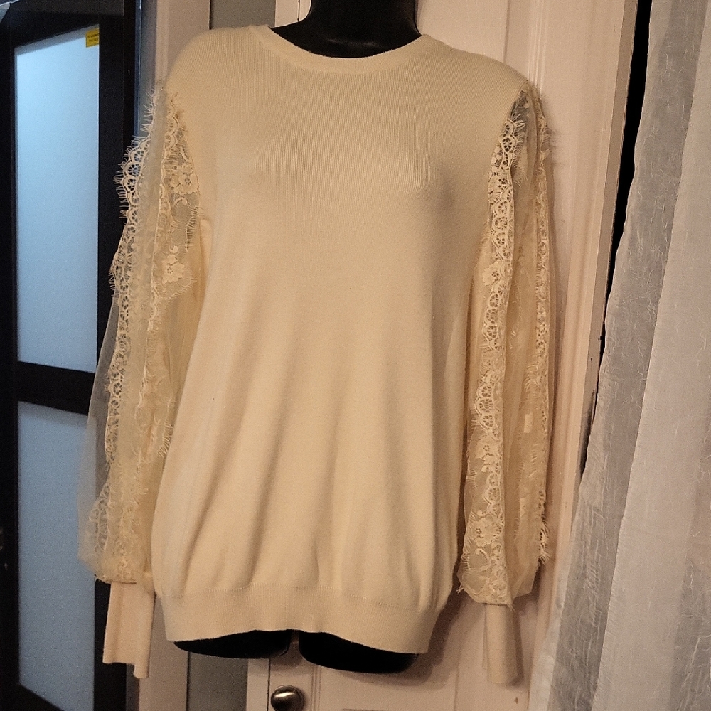 Elegant Cream Lace Sleeve Sweater